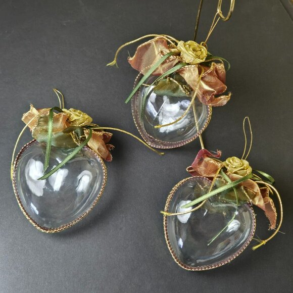 Set Of 3 Clear Heart Christmas Ornaments w Ribbon Roses Gold Green Burgundy Trim - Picture 1 of 7